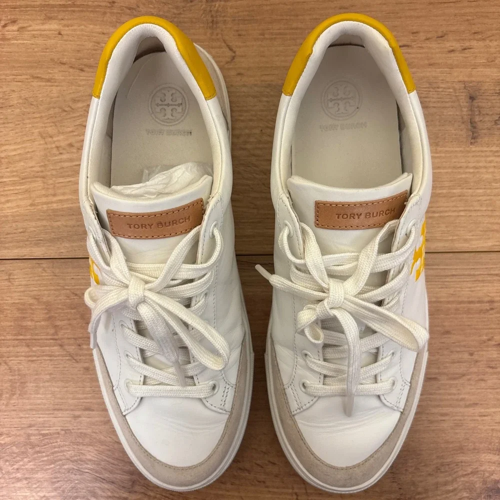 TORY BURCH Andrea‎ Colorblock Court Sneaker White/Goldfinch Yellow Women Size 9
